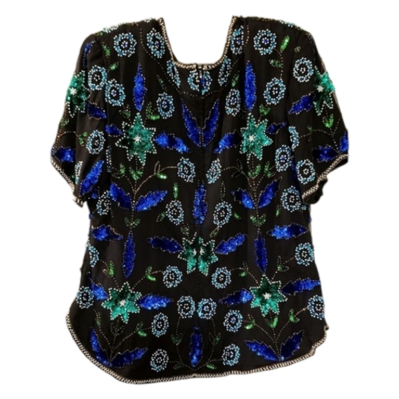 Vintage black silk beaded sequin top sz XL - Picture 1 of 2